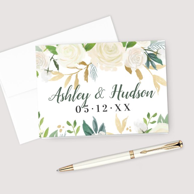 White Rose Greenery Monogram Wedding Note Card (Creator Uploaded)