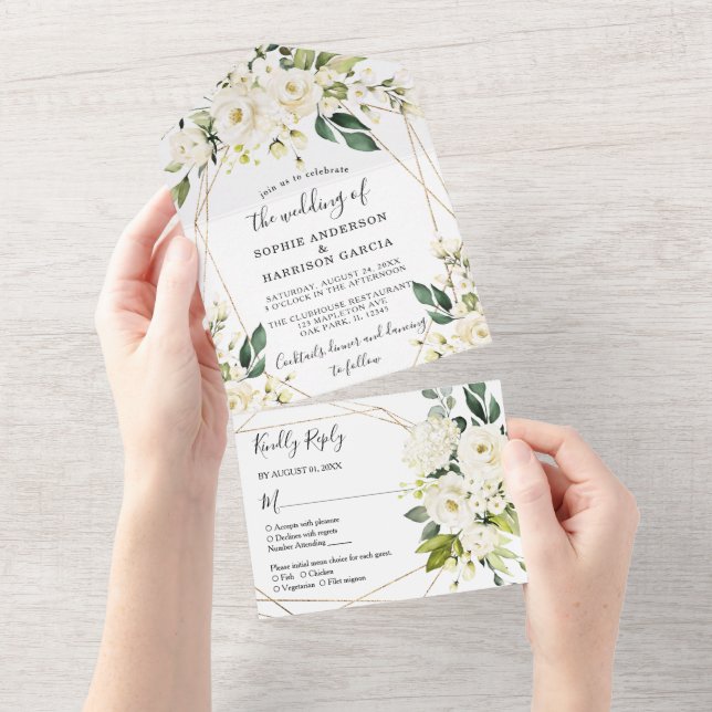 White Rose Hydrangea Elegant Geometric Wedding All In One Invitation (Tearaway)