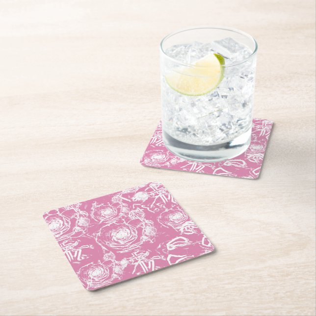 White Rose Illusion Lace Design Square Paper Coaster (Insitu)