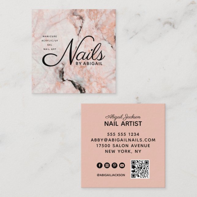 White Rose Marble Nails By Name QR Code Peach Square Business Card (Front/Back)