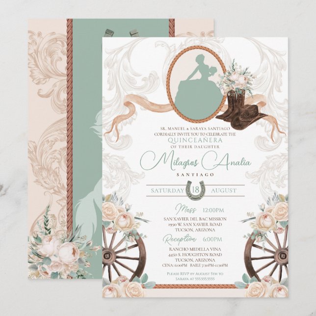 White Rose Mint Green Charro Western Quinceanera Invitation (Front/Back)