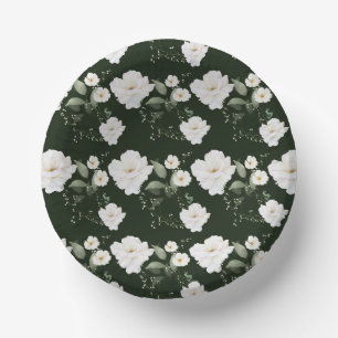 White Rose on Black Background Floral Paper Plate