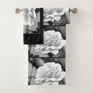 White Rose on Black Bathroom Towels