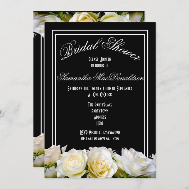 White rose on black floral bridal shower invitation (Front/Back)