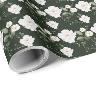 White Rose on Black Floral Gift Wrapping Paper