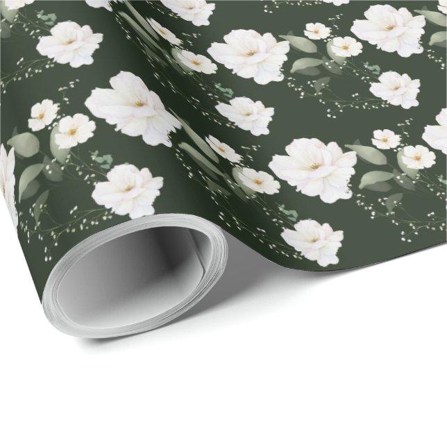 White Rose on Black Floral Gift Wrapping Paper (Roll Corner)