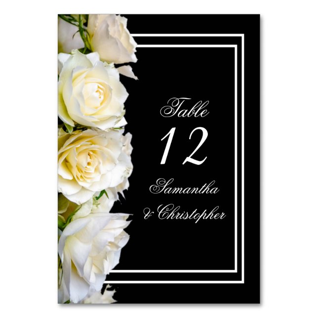 White rose on black floral wedding table number (Front)