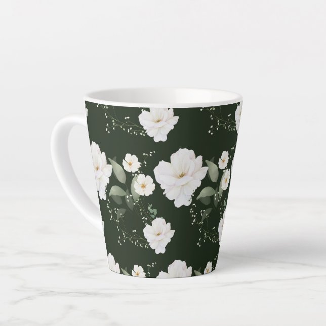 White Rose on Black Latte Coffee Mug Floral (Left Angle)