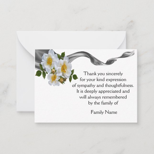 White Rose On Black Ribbon After Funeral Thank You Card (Front)