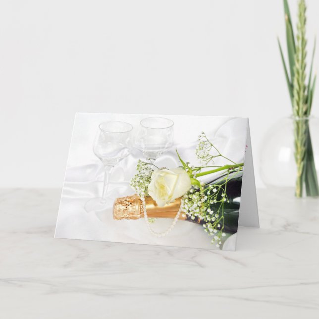 white rose on champagne bottle with pearls card (Front)