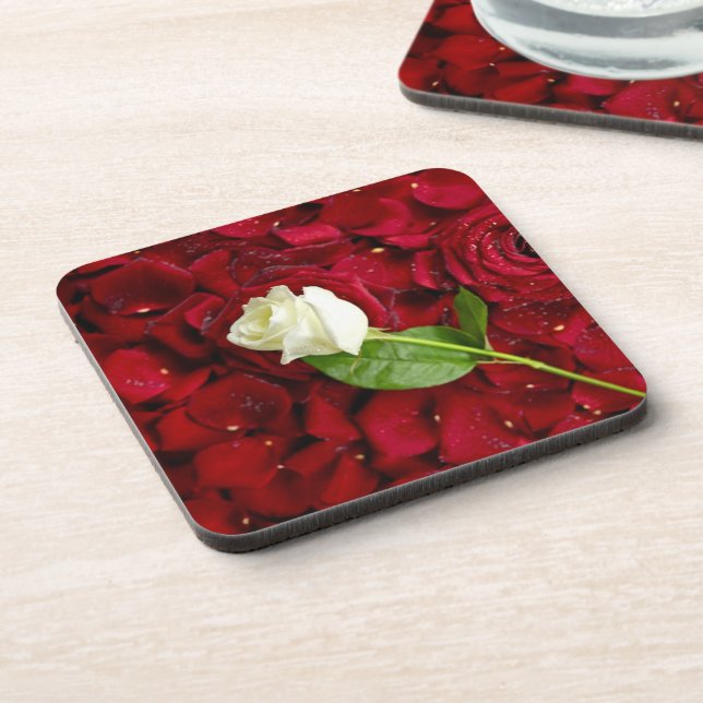 White Rose On Red Petals Coaster (Left Side)