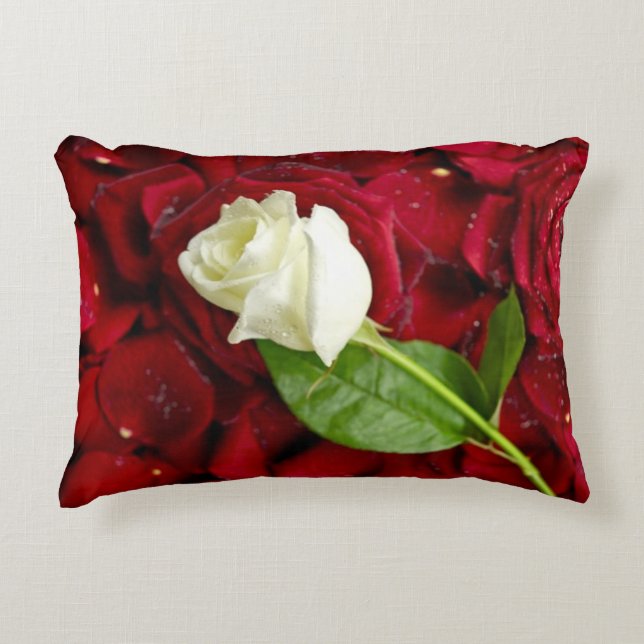 White Rose On Red Petals Decorative Cushion (Front)