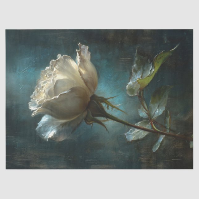 White Rose on Teal Painted Background Decoupage Tissue Paper (Front)