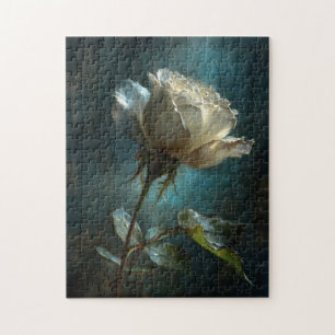 White Rose on Teal Painted Background Jigsaw Puzzle
