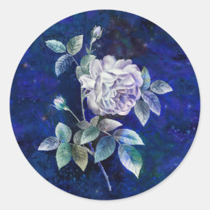 White Rose on Textured Blue- Navy Ground Classic Round Sticker