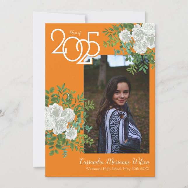 White Rose Orange Photo Graduation Announcement (Front)