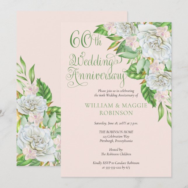 White Rose Orchid 60th Wedding Anniversary Party   Invitation (Front/Back)