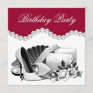 White Rose Pearls High Heels Red Birthday Party Invitation
