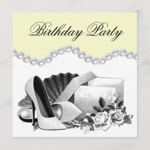 White Rose Pearls High Heels Yellow Birthday Party Invitation