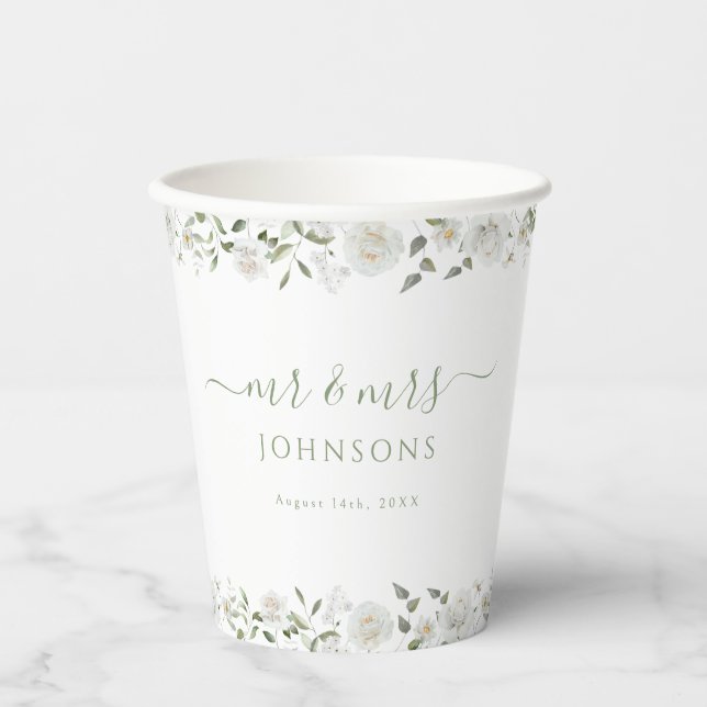 White Rose Peony Flower Wedding Paper Cups (Front)
