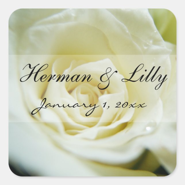 White Rose Personalised Wedding Square Sticker (Front)