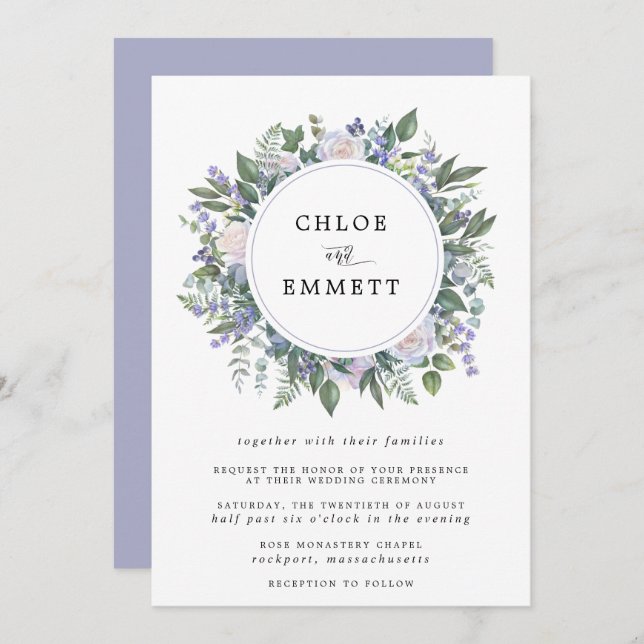 White Rose Purple and Blue Floral Wreath Wedding Invitation (Front/Back)