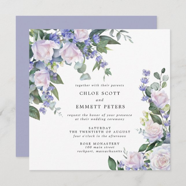 White Rose Purple Blue Floral Wedding Invitation (Front/Back)
