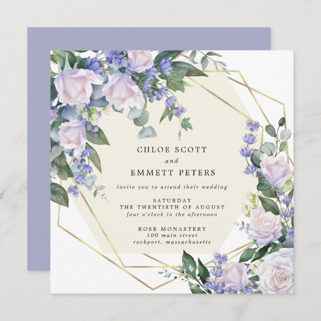 White Rose Purple Blue Floral Wedding Invitation (Front/Back)