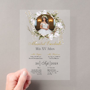 White rose quinceañera with picture invitation
