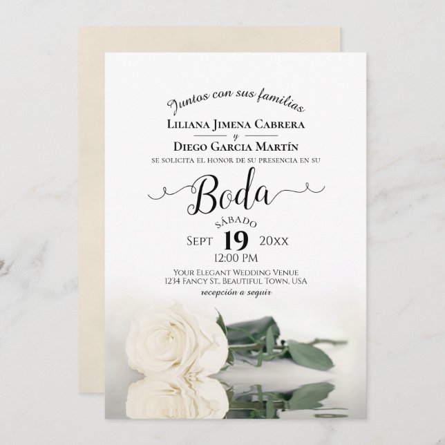 White Rose Romantic Spanish Language Boda Wedding Invitation (Front/Back)