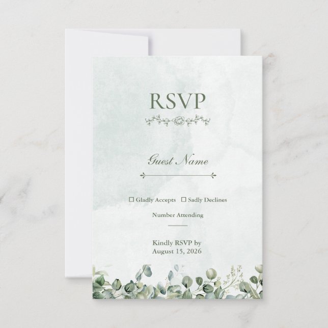 White Rose & Sage Green RSVP Response Card (Front)