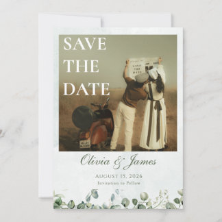 White Rose & Sage Green Save the Date Card
