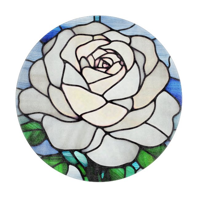 White Rose Stained Glass Cutting Board (Front)