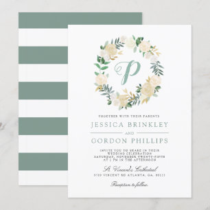 White Rose Striped   Solo Monogram Wedding Invite