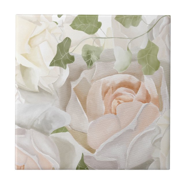 WHITE ROSE WATERCOLOR CERAMIC TILE (Front)