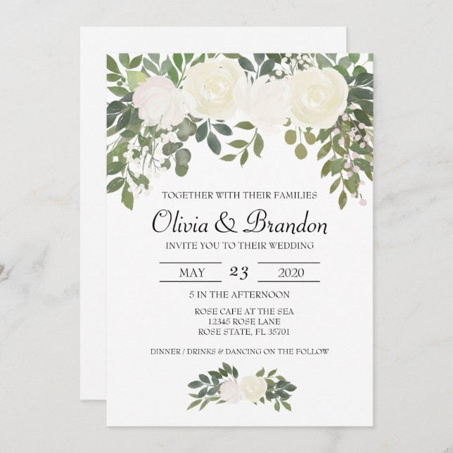 White Rose Watercolor Flowers Invitation (Front/Back)