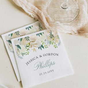 White Rose Watercolor Wedding Cocktail Napkin