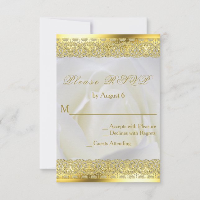 White Rose with Gold Lace Wedding RSVP Card (Front)