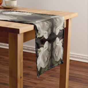 White Rose With Raindrops Abstract Vintage Short Table Runner