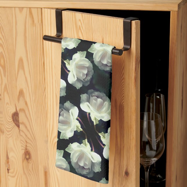 White Rose With Raindrops Pattern Tea Towel (Thirds Fold)