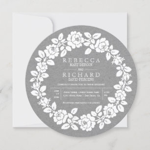 White rose wreath grey kraft paper wedding invitation
