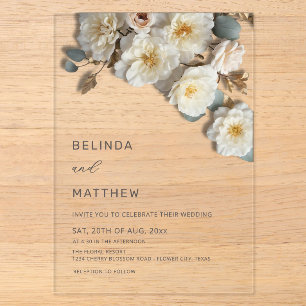White Roses 3D Flowers Elegant White Wedding Acrylic Invitations