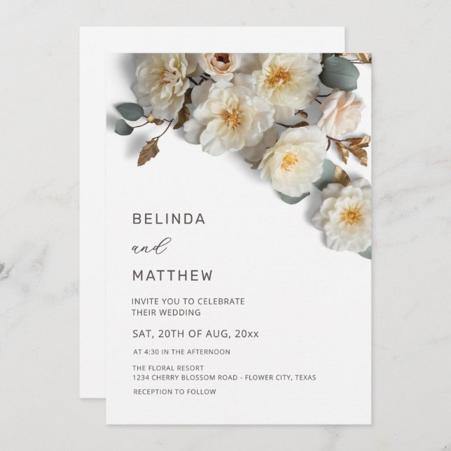 White Roses 3D Flowers Elegant White Wedding Invitation (Front/Back)