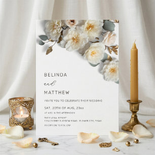 White Roses 3D Flowers Elegant White Wedding Invitation
