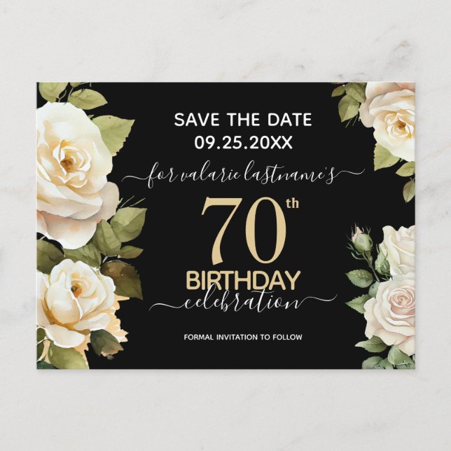 White Roses 70th Birthday Save the Date Postcard (Front)
