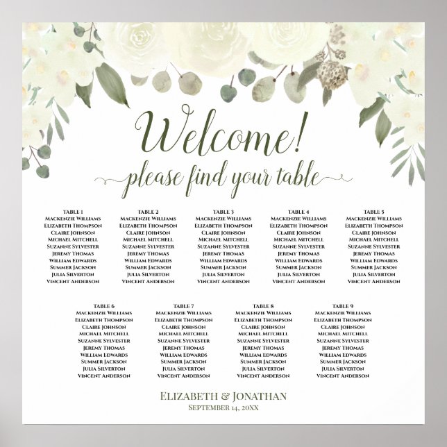 White Roses 9 Table Boho Wedding Seating Chart (Front)