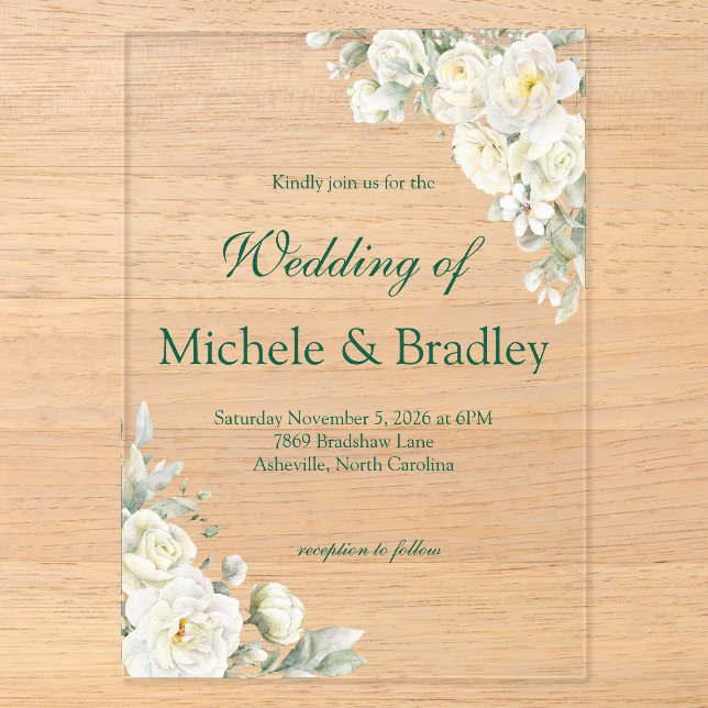 White Roses Acrylic Wedding Invitation (Front)