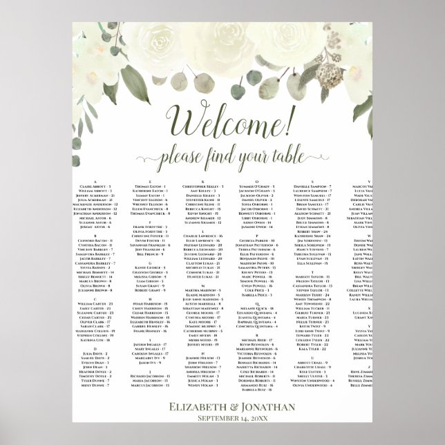 White Roses Alphabetical Welcome Seating Chart (Front)