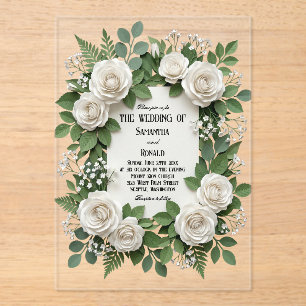 White Roses and Baby's Breath Acrylic Wedding Invitations