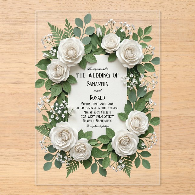 White Roses and Baby's Breath Acrylic Wedding Invitations (Front)